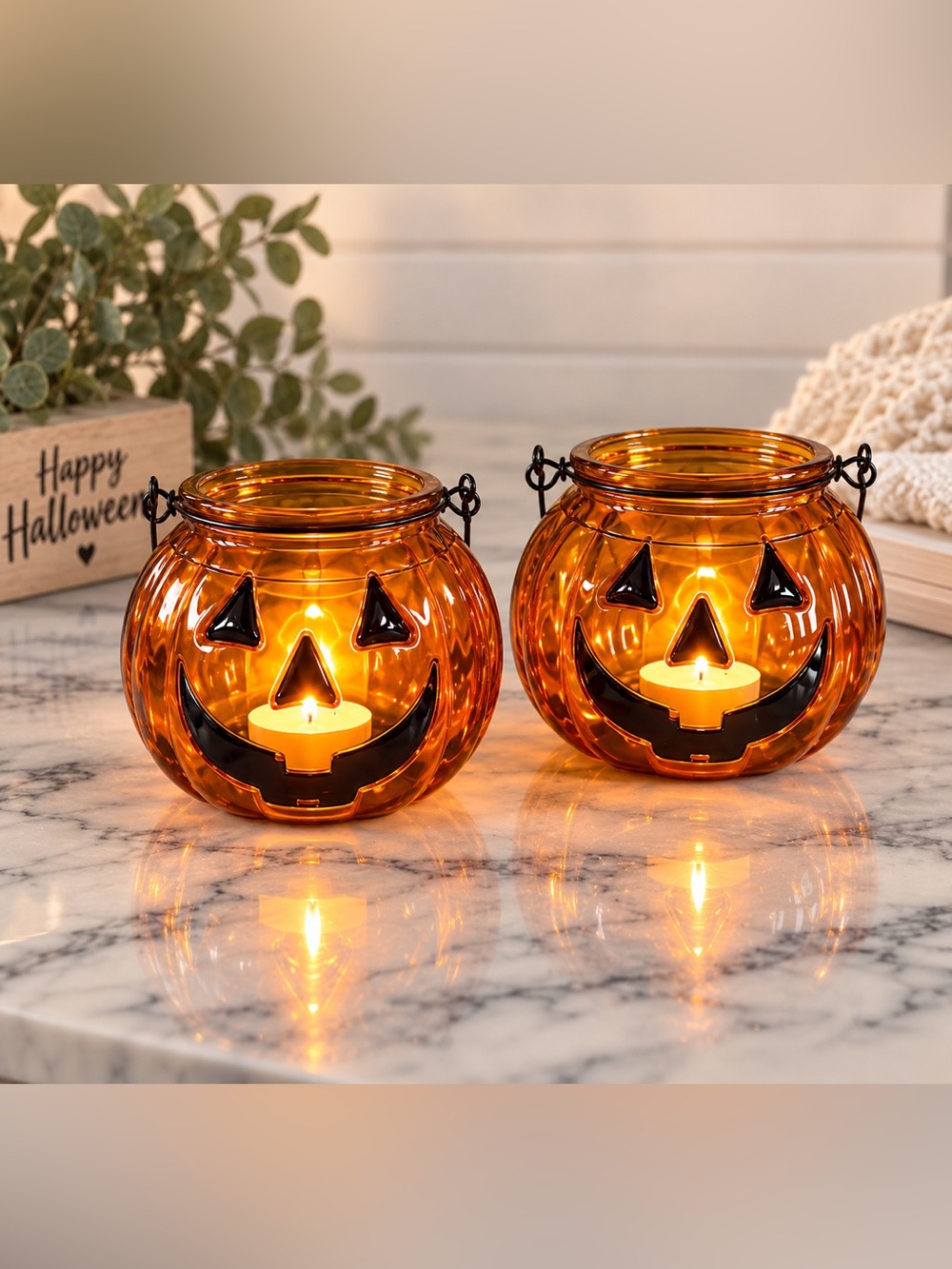 Orange Glass Pumpkin Candle Holders - Festive Halloween Decor